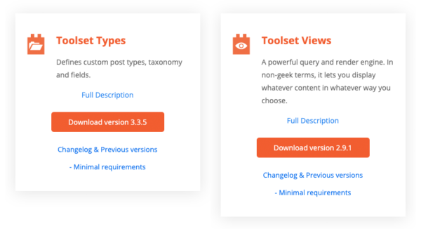 「Toolset Types」と「Toolset Views」のダウンロード画面